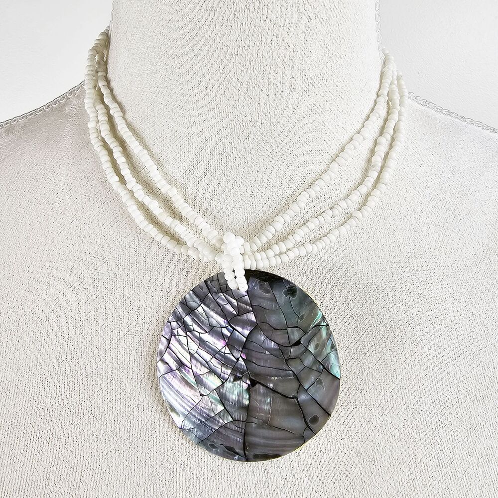 Vintage Cracked Abalone Shell Collar Choker Beaded Necklace